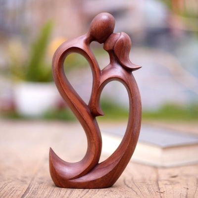 Alternate image for Hand Carved Romantic Suar Wood Statuette We Kiss Forever