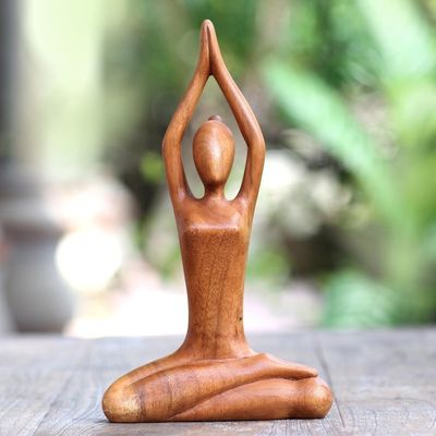 Alternate image for Hand Carved Yoga Sitting Pose Suar Wood Sculpture To the Sky
