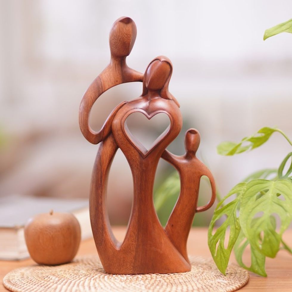 Heart-Themed Family Suar Wood Sculpture Hand-Carved in Bali 'Beloved Family'