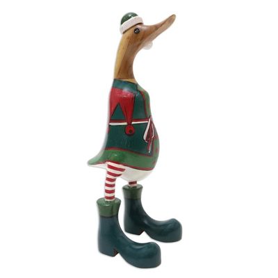 Alternate image for Hand-Crafted Bamboo Root and Teak Wood Elf Duck Figurine Santas Helper Duck