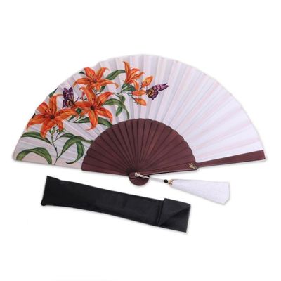 Alternate image for Silk and Wood Fan Floral Motifs on Eggshell from Indonesia Empress Garden in Eggshell