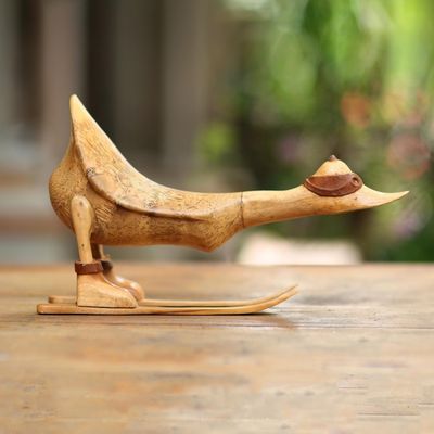 Alternate image for Skiing Duck Bamboo and Acacia Wood Statuette Downhill Duck in Natural