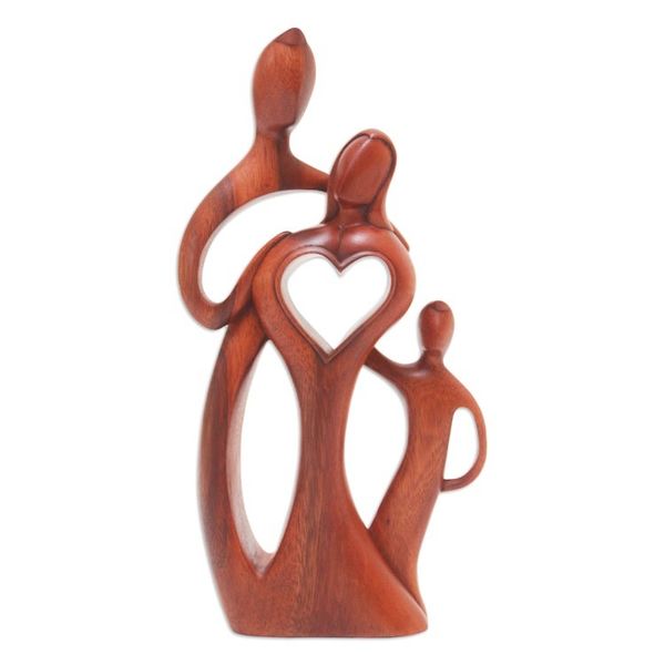 Alternate image for Heart-Themed Family Suar Wood Sculpture Hand-Carved in Bali Beloved Family