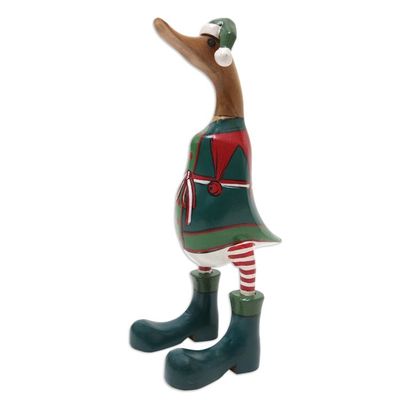 Alternate image for Hand-Crafted Bamboo Root and Teak Wood Elf Duck Figurine Santas Helper Duck