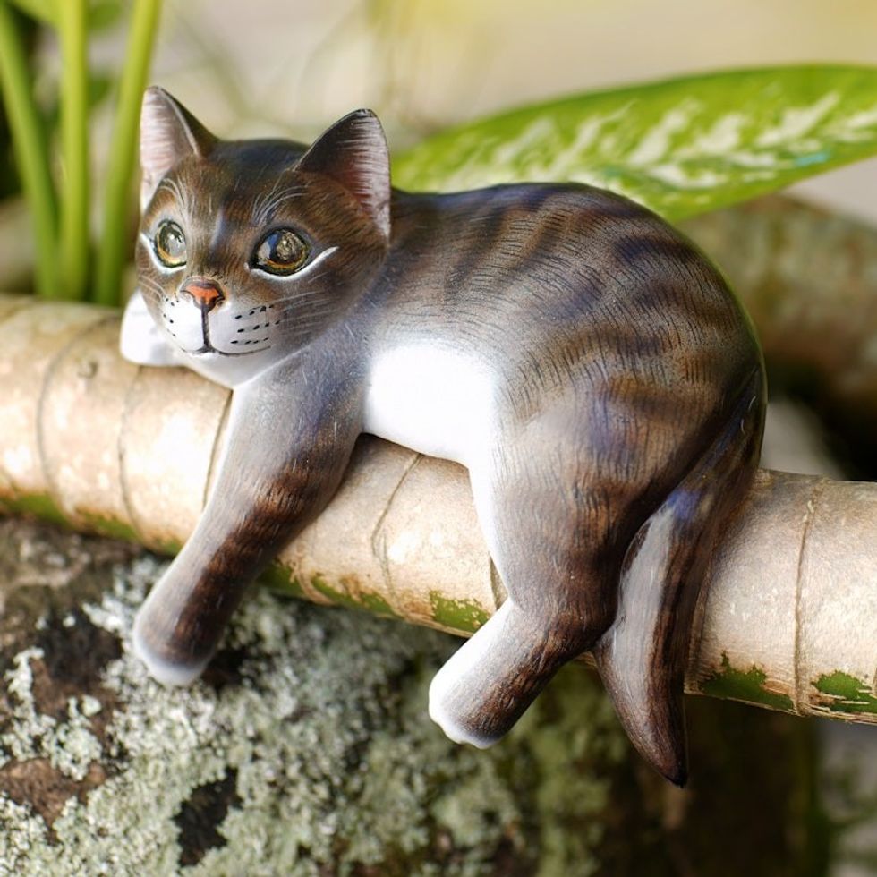 Signed Balinese Tabby Cat Sculpture 'Tabby Cat Relaxes'