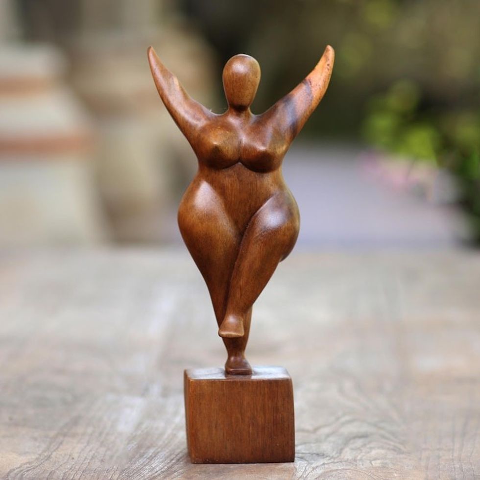 Hand Carved Suar Wood Sculpture of the Female Form 'Curvy and Happy'