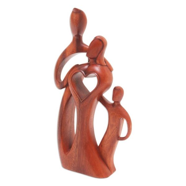 Alternate image for Heart-Themed Family Suar Wood Sculpture Hand-Carved in Bali Beloved Family