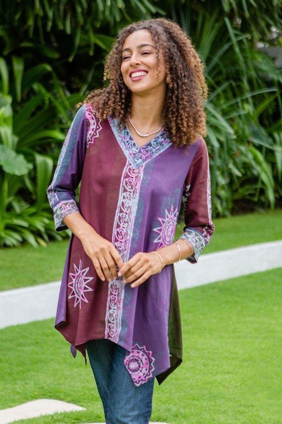 Hand-Stamped Batik Rayon Tunic from Bali 'Imperial Garden'