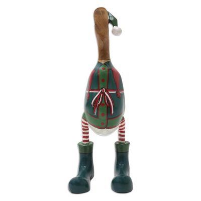 Alternate image for Hand-Crafted Bamboo Root and Teak Wood Elf Duck Figurine Santas Helper Duck