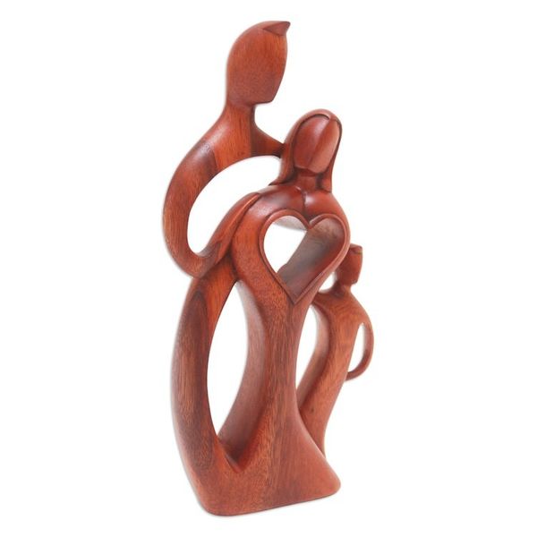 Alternate image for Heart-Themed Family Suar Wood Sculpture Hand-Carved in Bali Beloved Family