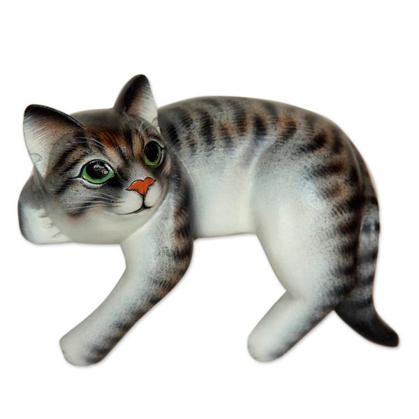 Alternate image for Signed Balinese Tabby Cat Sculpture Tabby Cat Relaxes