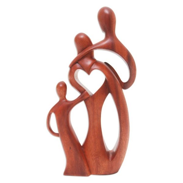 Alternate image for Heart-Themed Family Suar Wood Sculpture Hand-Carved in Bali Beloved Family