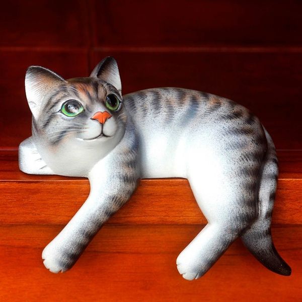 Alternate image for Signed Balinese Tabby Cat Sculpture Tabby Cat Relaxes