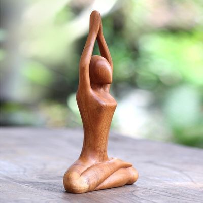 Alternate image for Hand Carved Yoga Sitting Pose Suar Wood Sculpture To the Sky