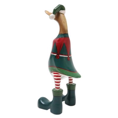 Alternate image for Hand-Crafted Bamboo Root and Teak Wood Elf Duck Figurine Santas Helper Duck
