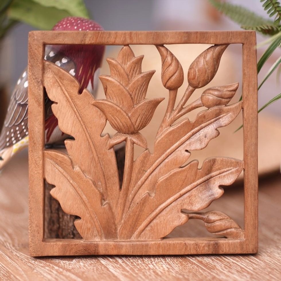 Hand-Carved Balinese Floral and Leafy Suar Wood Wall Panel 'Window to Paradise'