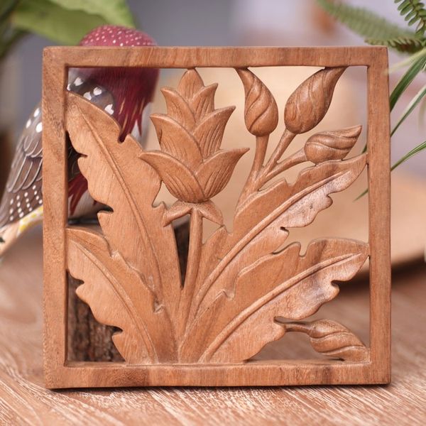 Alternate image for Hand-Carved Balinese Floral and Leafy Suar Wood Wall Panel Window to Paradise