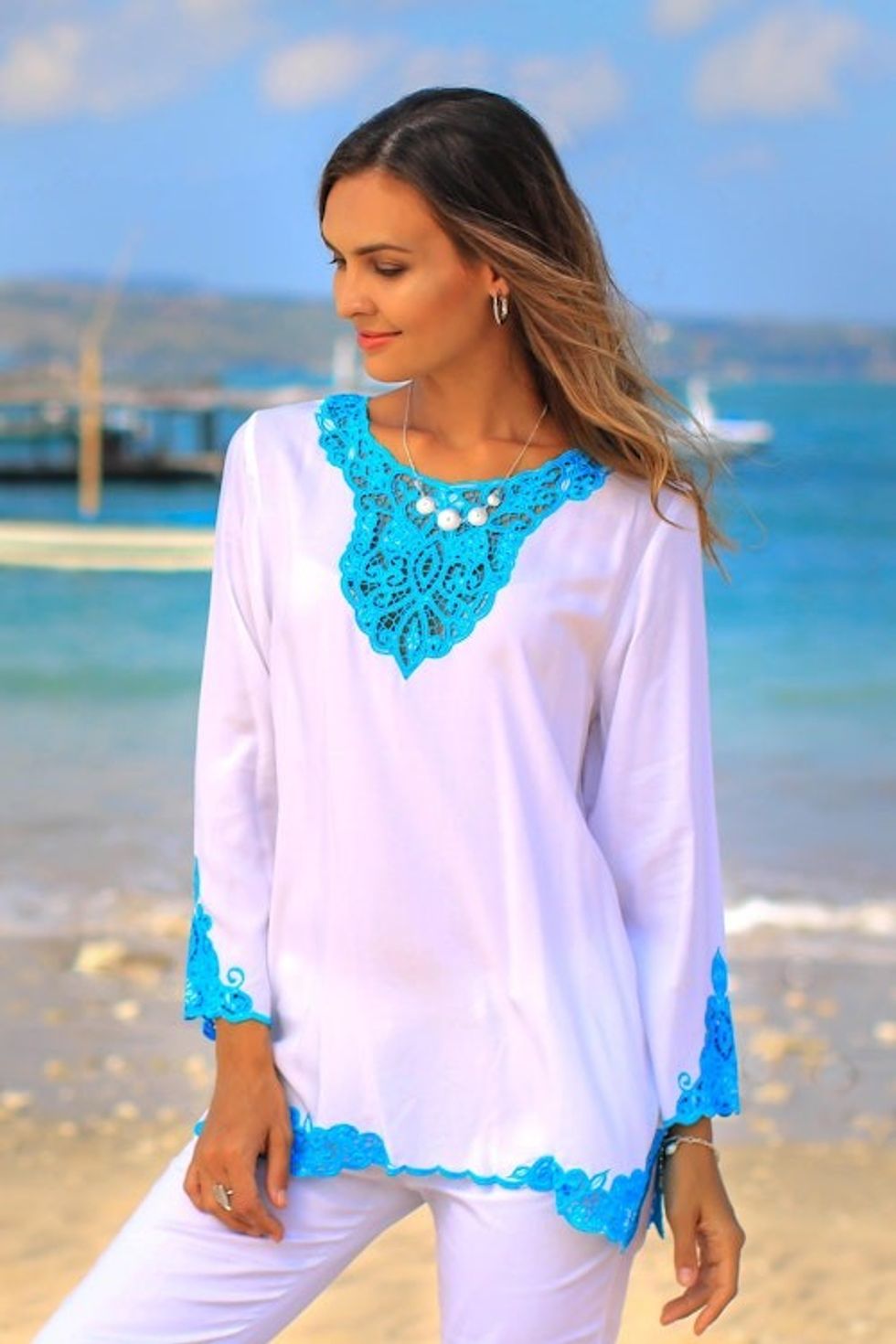 White and Turquoise Embroidered Rayon Tunic from Bali 'Kayangan in White'