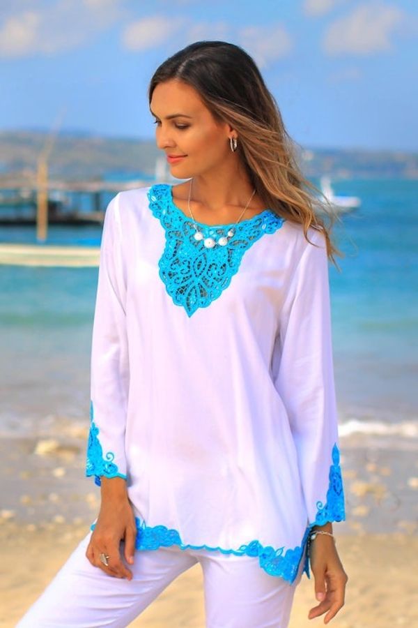 Alternate image for White and Turquoise Embroidered Rayon Tunic from Bali Kayangan in White