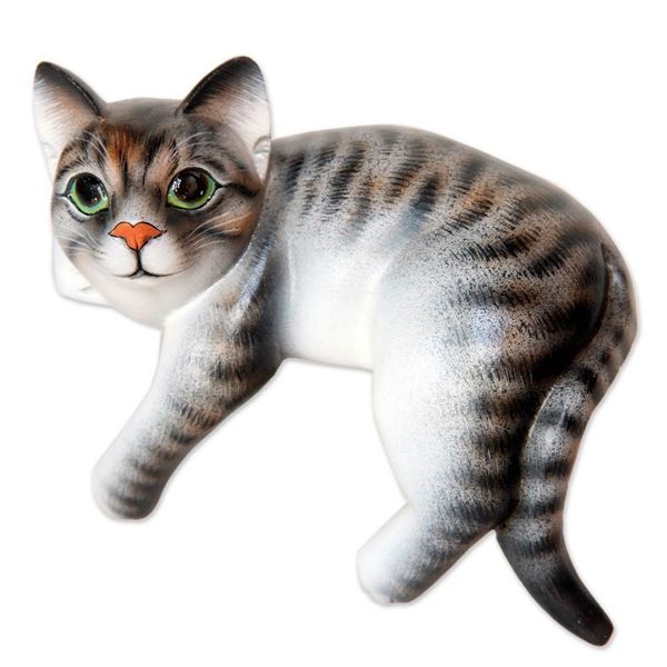 Alternate image for Signed Balinese Tabby Cat Sculpture Tabby Cat Relaxes
