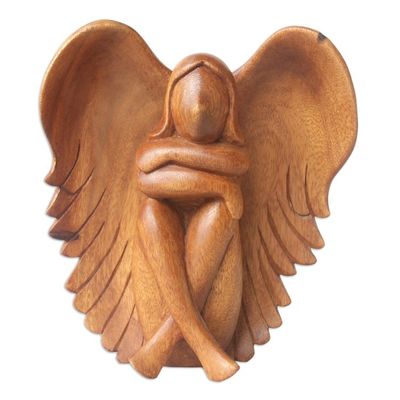 Alternate image for Suar Wood Angel Sculpture in Brown Hand-Carved in Bali Dreamy Angel