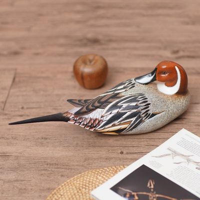 Alternate image for Indonesian Wood Bird Sculpture Posing Pintail Duck