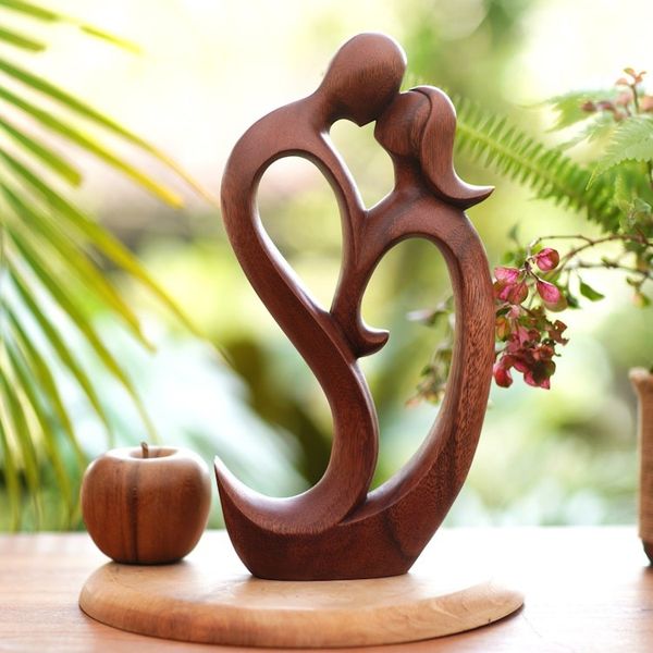 Alternate image for Hand Carved Romantic Suar Wood Statuette We Kiss Forever