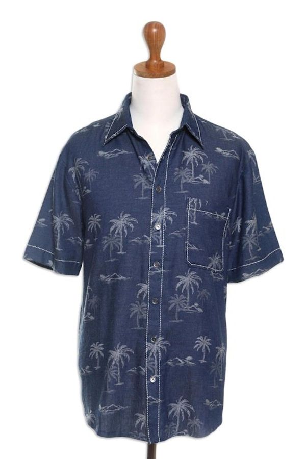 Alternate image for Mens Palm Tree-Patterned Cotton Shirt Tropical Vacation