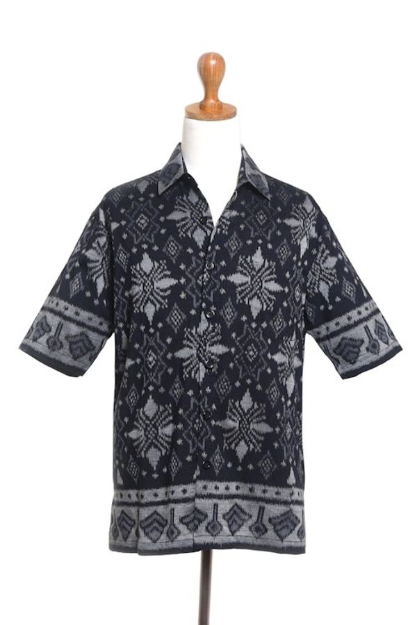 Alternate image for Hand Woven Mens Ikat Cotton Shirt Dark Ash