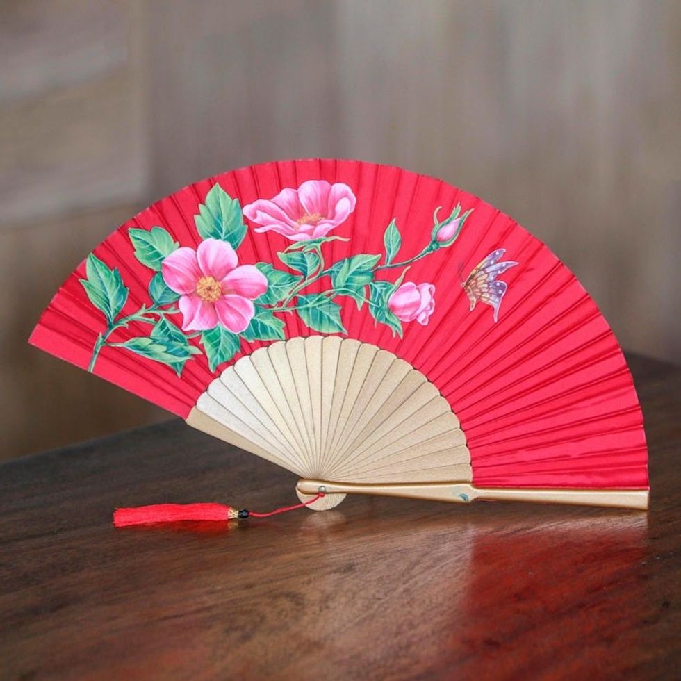 Silk and Wood Fan with Floral Motifs on Crimson Indonesia 'Empress Garden in Crimson'