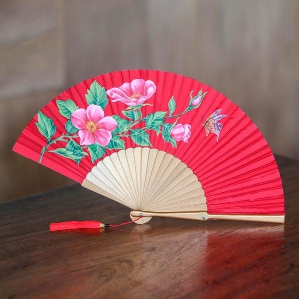 Alternate image for Silk and Wood Fan with Floral Motifs on Crimson Indonesia Empress Garden in Crimson
