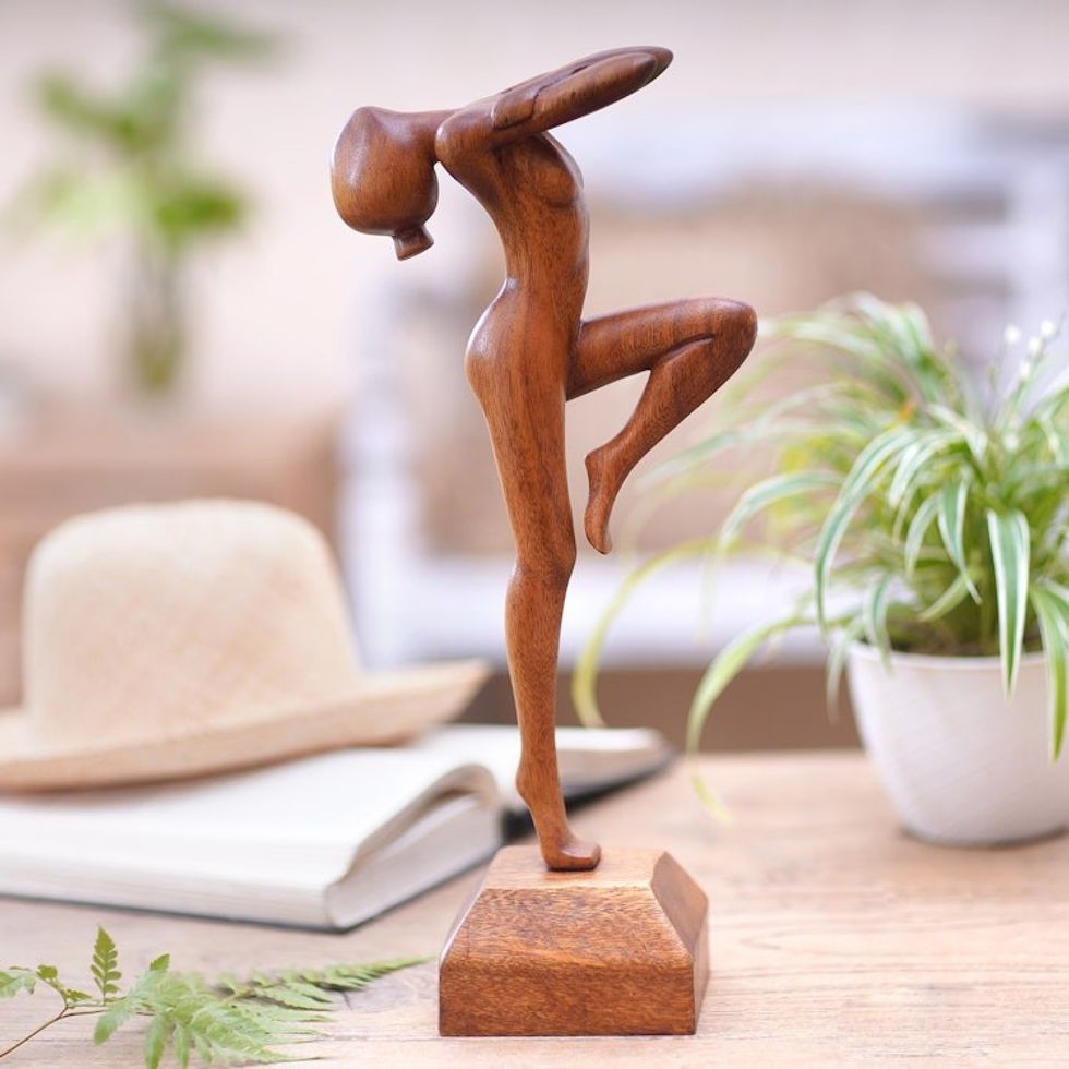 Hand Carved Suar Wood Ballerina Sculpture 'Little Dancer'