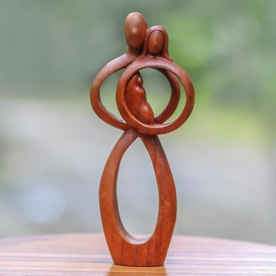 Alternate image for Hand-Carved Suar Wood Parents and Newborn Family Sculpture Infant Love