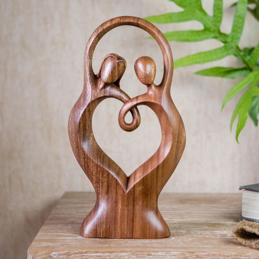 Romantic Suar Wood Statuette from Bali 'Happier Dancing'