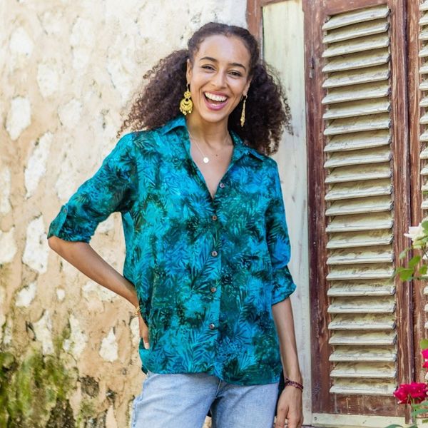 Alternate image for Rayon Batik Long Sleeve Teal Hi-Low Button Shirt Java Emerald