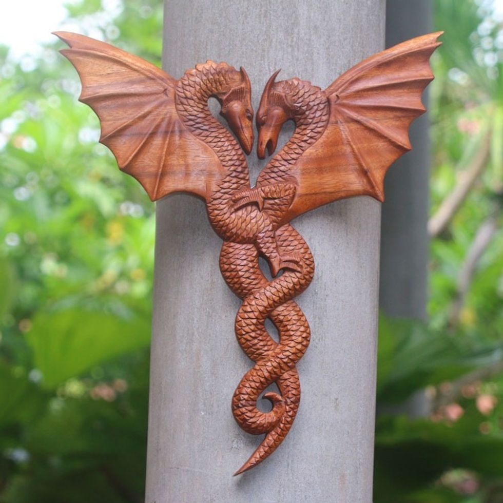 Dragon-Themed Suar Wood Relief Panel from Bali 'Dragon Couple'