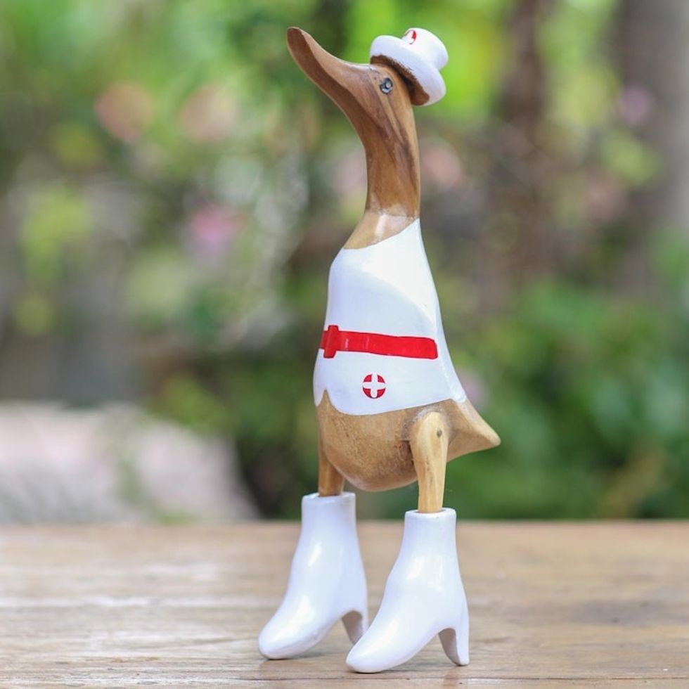 Nurse Duck Sculpture Hand Carved from Bamboo and Acacia 'Nurse Duck'