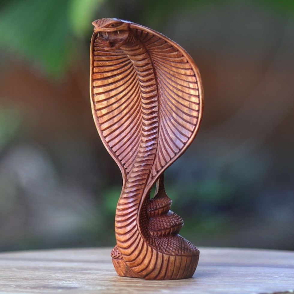 Hand Carved Wood Snake Sculpture 'Cobra'