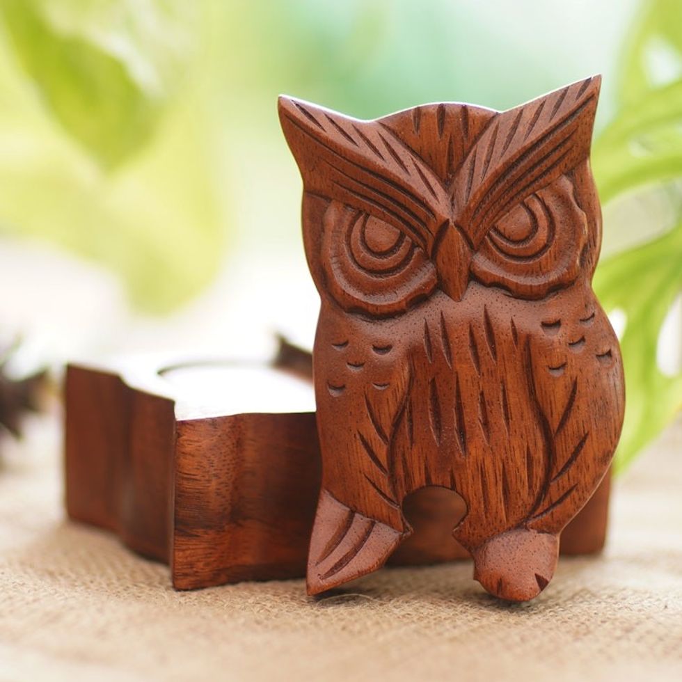 Hand Carved Wood Puzzle Box Owl Shape from Indonesia 'Serious Owl'