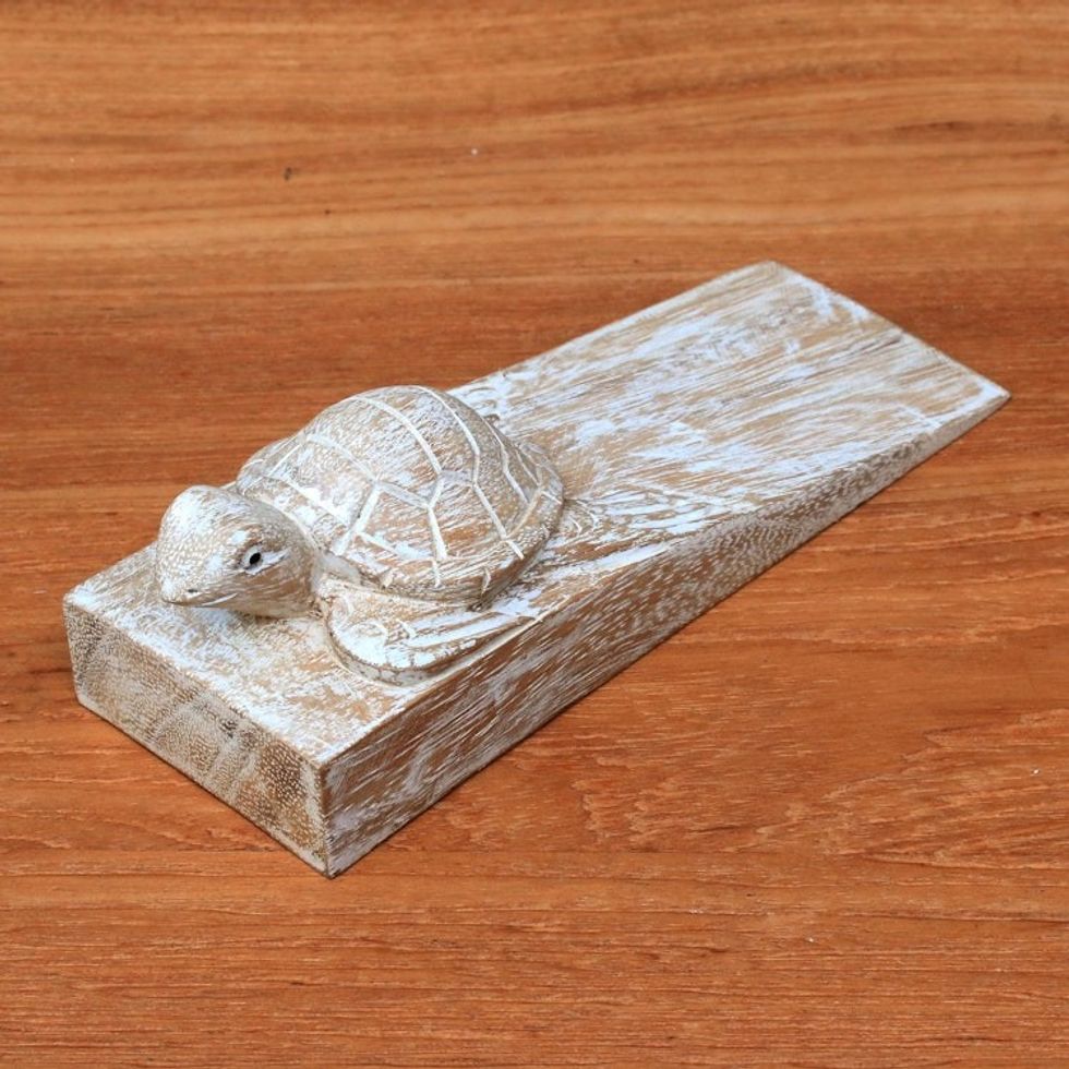 Distressed Baby Turtle Suar Wood Door Stopper from Bali 'Distressed Baby Turtle'