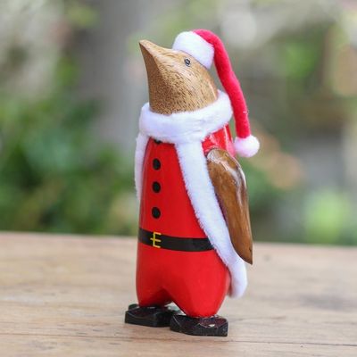 Alternate image for Santa Penguin Hand Painted Bamboo Root Statuette Penguin Santa