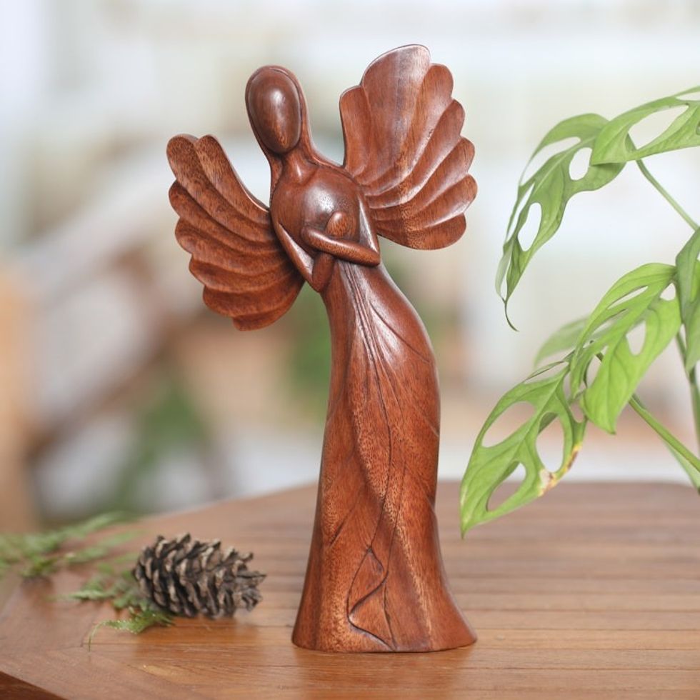 Hand-Carved Suar Wood Angel Sculpture from Bali 'Angel of Warmth'