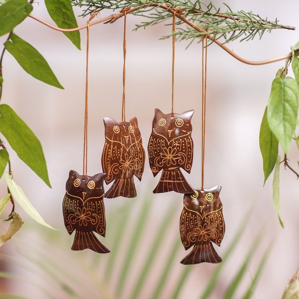 Set of 4 Javanese Coconut Shell Owl Figure Ornaments 'Hanging Owls'