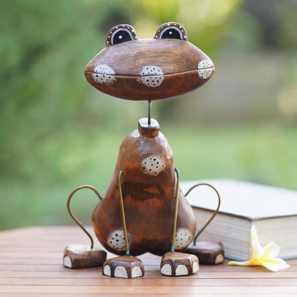 Artisan Crafted Albesia Wood Frog-Motif Statuette 'Leap Frog'