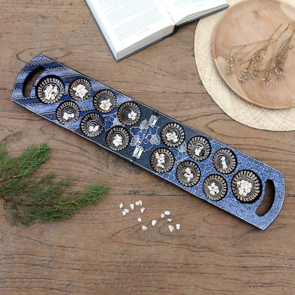 Blue Batik Wood Mancala Board Game Handcrafted in Java 'Blue Clever Leisure'