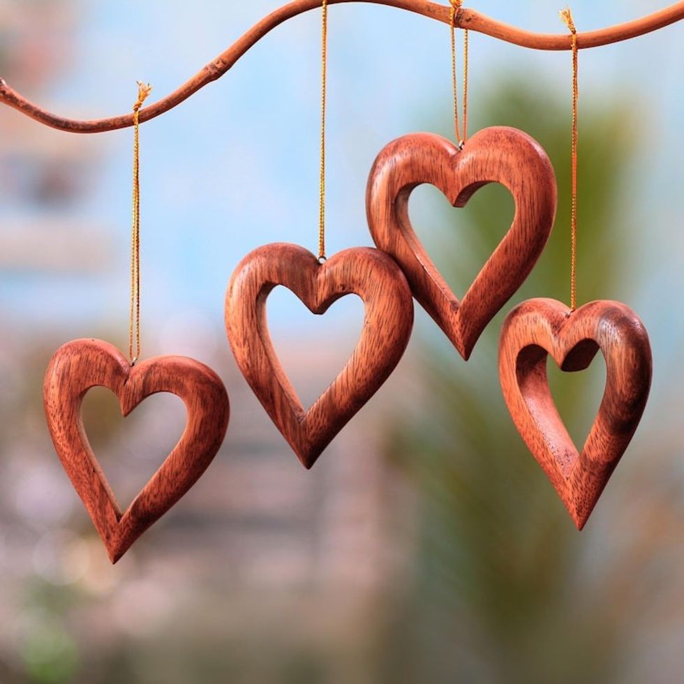 Heart-Shaped Suar Wood Ornaments from Bali Set of 4 'Heart Grain'