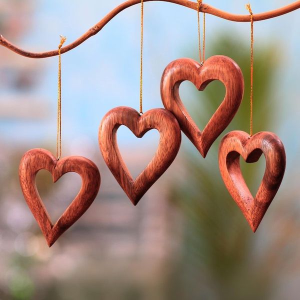 Alternate image for Heart-Shaped Suar Wood Ornaments from Bali Set of 4 Heart Grain