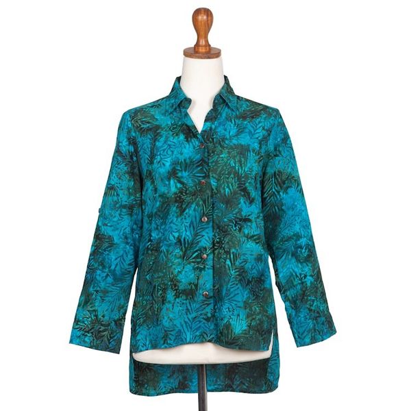 Alternate image for Rayon Batik Long Sleeve Teal Hi-Low Button Shirt Java Emerald