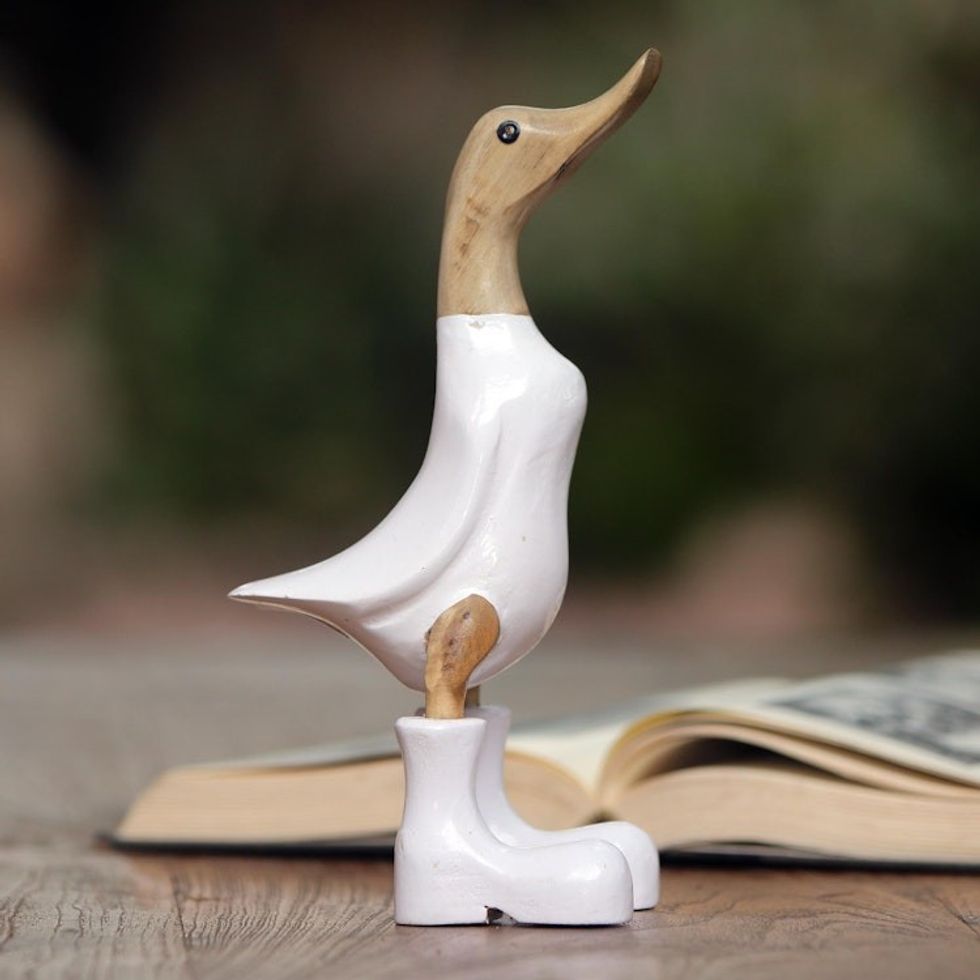 Acacia Wood and Bamboo Root Duck Sculpture in White 'Rain Boot Duck in White'