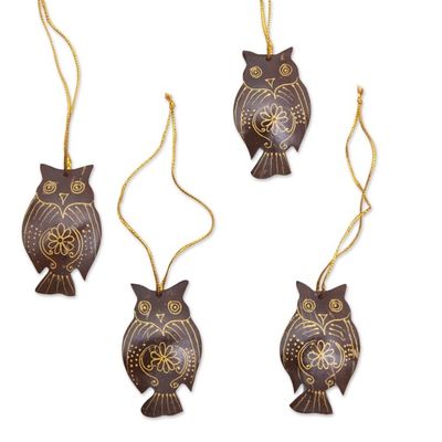Alternate image for Set of 4 Javanese Coconut Shell Owl Figure Ornaments Hanging Owls
